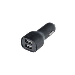 schwarzer USB-Autoladegerät mit zwei USB-Anschlüssen. Kompakt und einfach zu bedienen.