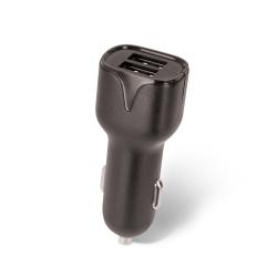 schwarzer USB-Autoladegerät mit zwei USB-Anschlüssen. Kompakt und einfach zu bedienen.