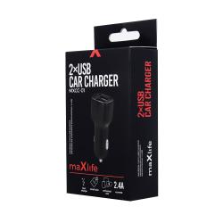 schwarzer USB-Autoladegerät mit zwei USB-Anschlüssen. Kompakt und einfach zu bedienen.