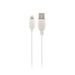 Weißes Kabel mit einem Lightning-Anschluss auf der einen Seite und einem USB-Anschluss auf der anderen. Das Kabel ist glatt und dünn.