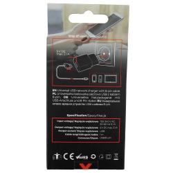 USB Wandladegerät mit einem 1 Meter langen Kabel. Es hat eine maximale Stromstärke von 2.1A.