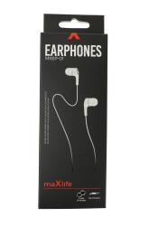 Schwarze Verpackung mit weißen Ohrhörern. Auf der Vorderseite steht 'Earphones MXEP-01'.