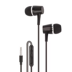 Schwarze In-Ear-Kopfhörer mit einem Kabel und einer Fernbedienung. Der Stecker ist 3,5 mm.
