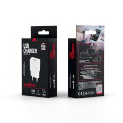 weißer Ladeadapter mit einem USB-Anschluss. Die Form ist quadratisch und kompakt.