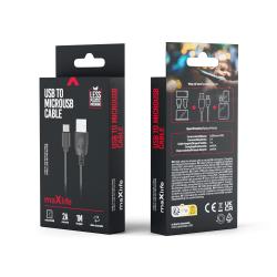 USB-Kabel mit einem Standard-USB-Anschluss und einem Mini-USB-Anschluss. Der Kabelmantel ist schwarz.