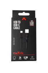 Schwarze Verpackung für USB zu USB-C Kabel. Kabel ist 0,2 Meter lang, 2A Stromstärke. Hinweis auf weniger Plastikverpackung.