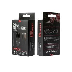 schwarzer USB-Autoladegerät mit zwei USB-Anschlüssen. Kompakt und einfach zu handhaben.