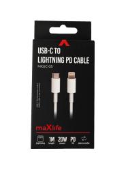 Schwarze Verpackung mit einem USB-C zu Lightning PD Kabel. Länge 1 Meter, 20W Leistung.