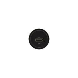 schwarzer USB-C Auto-Ladegerät. 20W Leistung. Kompakt und handlich. Geeignet für das Aufladen von Geräten im Auto.