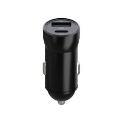 Schwarzer USB-Autoladegerät mit zwei Anschlüssen. Einer für USB und einer für USB-C, 20W Leistung.