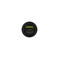Schwarzer USB-Autoladegerät mit zwei Anschlüssen. Einer für USB und einer für USB-C, 20W Leistung.
