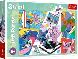 Puzzlebox mit Disney Stitch-Motiv. Bunte Illustrationen von Stitch und anderen Charakteren. Aktivitäten wie Surfen, Skateboarden und Tanzen. Für Kinder ab 5 Jahren, 100 Teile.