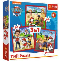 Puzzle-Box mit Paw Patrol-Motiven. Enthält drei Puzzles: 20, 36 und 50 Teile. Bunte Charaktere aus der Serie, fröhliche Szenen.