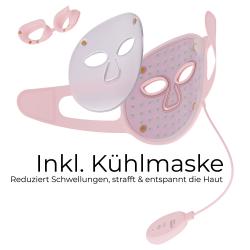 rosa Gesichtsmaske mit Augen- und Nasenausschnitten. Muster aus sich überlappenden Rauten. Elastische Bänder an den Seiten.