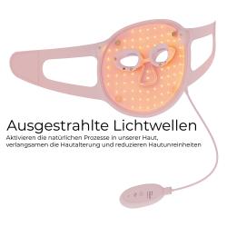 rosa Gesichtsmaske mit Augen- und Nasenausschnitten. Muster aus sich überlappenden Rauten. Elastische Bänder an den Seiten.