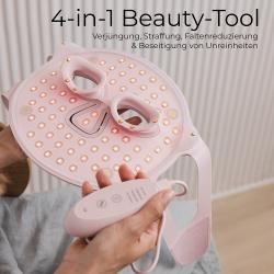 rosa Gesichtsmaske mit Augen- und Nasenausschnitten. Muster aus sich überlappenden Rauten. Elastische Bänder an den Seiten.