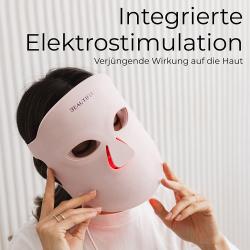 rosa Gesichtsmaske mit Augen- und Nasenausschnitten. Muster aus sich überlappenden Rauten. Elastische Bänder an den Seiten.