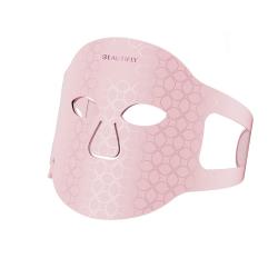 rosa Gesichtsmaske mit Augen- und Nasenausschnitten. Muster aus sich überlappenden Rauten. Elastische Bänder an den Seiten.
