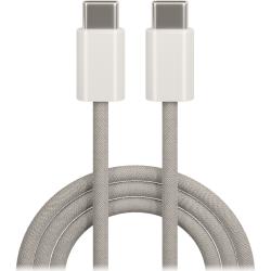 Zwei USB-C Kabel mit grauem Textilüberzug. Beide Enden sind gleich und haben einen weißen Kunststoffstecker.