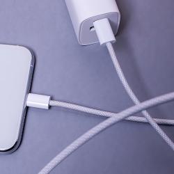 Zwei USB-C Kabel mit grauem Textilüberzug. Beide Enden sind gleich und haben einen weißen Kunststoffstecker.