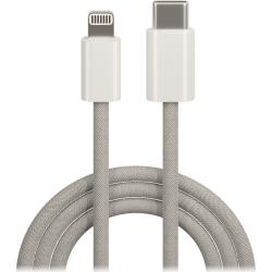 Ladekabel mit einem Lightning- und einem USB-C-Anschluss. Die Ummantelung ist grau und geflochten.