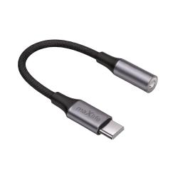 USB-C Adapterkabel mit einem Anschluss für Kopfhörer. Der Kabel ist schwarz mit einem stabilen, flexiblen Design.