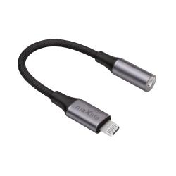 Adapterkabel mit einem Lightning-Anschluss und einem Klinkenstecker. Der Stecker ist aus Metall, das Kabel ist schwarz und geflochten.