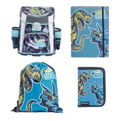 Schulrucksack mit Dinosaurier-Motiven in Blau und Schwarz. Enthält eine Sporttasche, ein Notizbuch und eine Geldbörse.