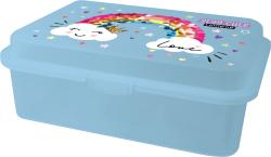 Blaue Aufbewahrungsbox mit buntem Regenbogen und Wolkenmotiven. Auf der Box steht 'Stay cute' und 'Love'.