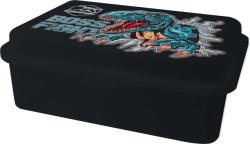 Schwarze Box mit Deckel. Auf dem Deckel ein farbenfrohes Design eines Dinosauriers mit menschlichem Gesicht. Schriftzug 'BOSS FIGHT' in auffälliger Schrift.