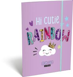Lila Notizbuch mit dem Titel Hi Cutie Rainbow. Bunte Schrift und eine lächelnde Wolke mit Krone.