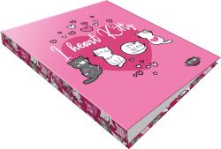 Buchcover mit dem Titel 'I heart Kitty'. Pinker Hintergrund mit vier gezeichneten Katzen und Herzen.
