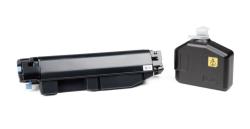 Schwarze Tonerkartusche und ein schwarzer Behälter für Tonerpulver. Beide Teile sind für Drucker geeignet.