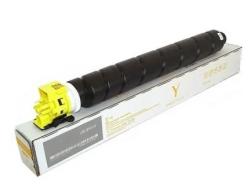 Schwarzer Toner für Drucker. Zylindrische Form mit gelbem Anschluss. Verpackt in einer weißen Box.