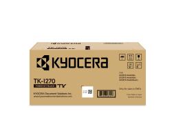 Braune Kartonverpackung für einen schwarzen Toner Kit. Aufdruck mit Markenlogo und Produktbezeichnung TK-1270.