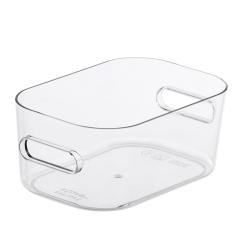 Rechteckige, transparente Aufbewahrungsbox aus Kunststoff. Mit zwei seitlichen Griffen.