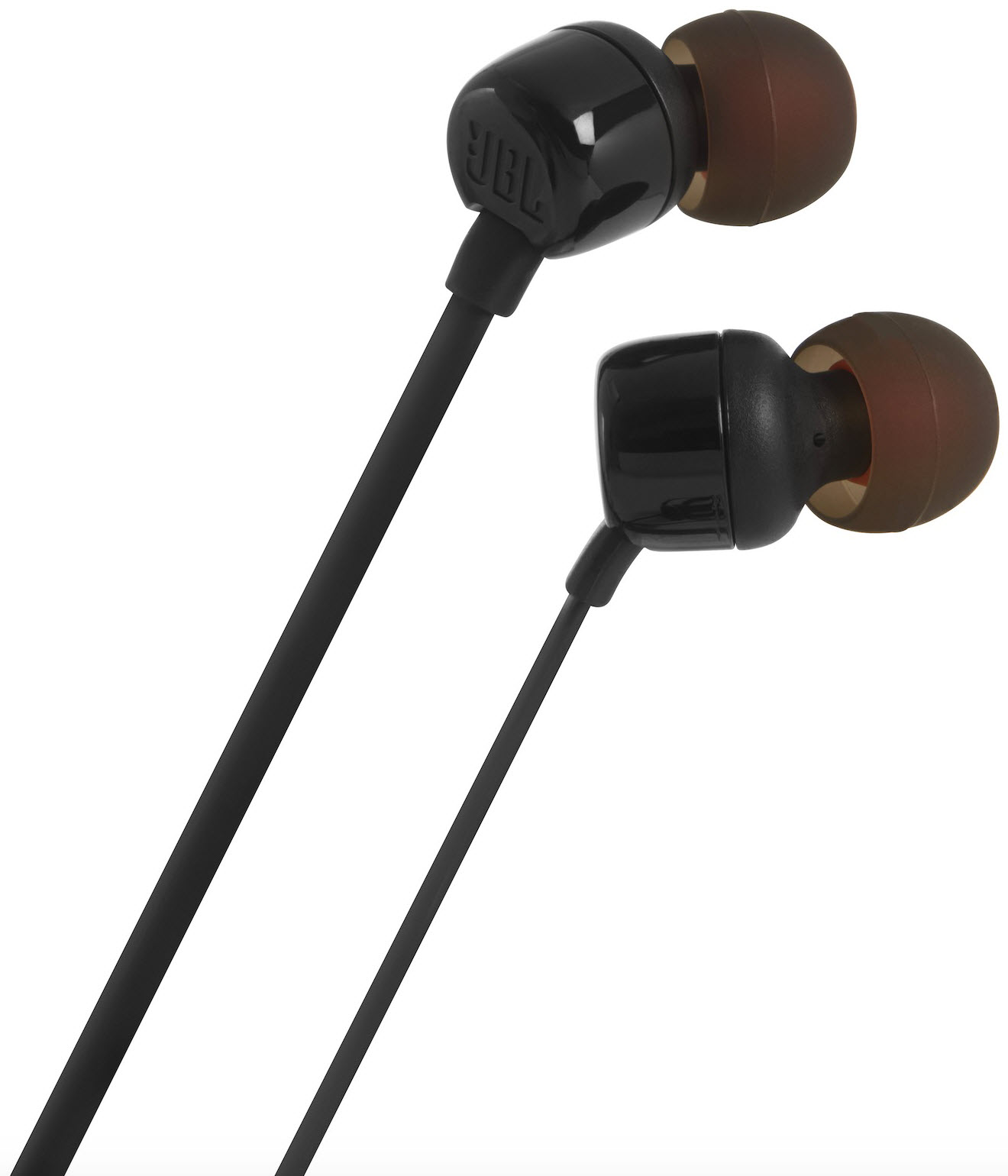 schwarze In-Ear-Kopfhörer mit orangefarbenen Akzenten. Kabel mit Steuerungstaste. Ergonomisches Design.