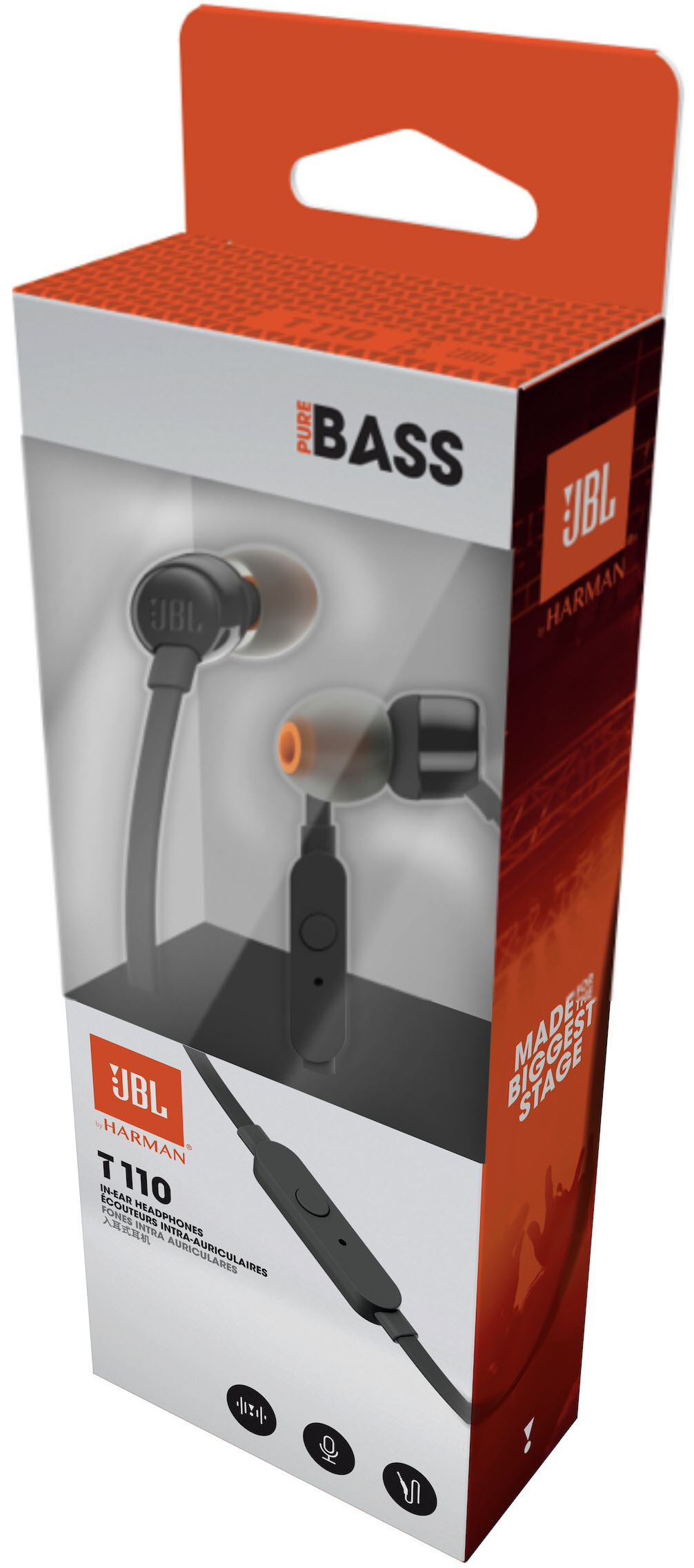 schwarze In-Ear-Kopfhörer mit orangefarbenen Akzenten. Kabel mit Steuerungstaste. Ergonomisches Design.