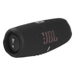 Schwarzer tragbarer Lautsprecher mit JBL-Logo. Rundliche Form mit Bedienelementen auf der Oberseite.