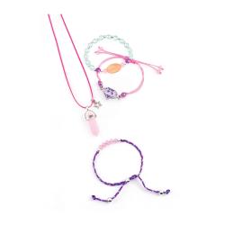Bastelset für Schmuck mit verschiedenen Materialien. Enthält Anleitungen und Beispiele für Armbänder und Halsketten.