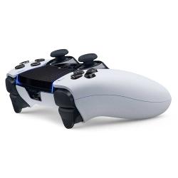 PlayStation 5 Controller in schwarz und weiß. Hat zwei Analog-Sticks und mehrere Tasten.