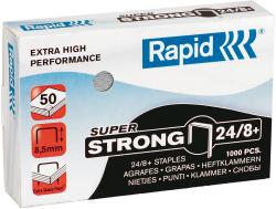 Packung mit Heftklammern der Marke Rapid. Enthält 1000 Stück, Größe 24/8+, extra scharfe Spitze.