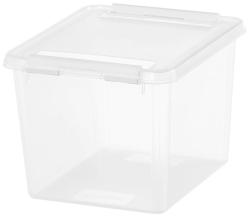 transparente Kunststoffbox mit Deckel. Rechteckige Form, zwei Verschlüsse an der Vorderseite. Ideal für Aufbewahrung.
