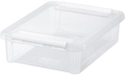 Transparente Kunststoffbox mit einem Deckel. Rechteckige Form, praktische Griffe an den Seiten.