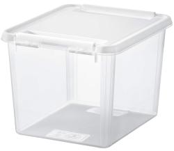 Transparente Aufbewahrungsbox mit einem weißen Deckel. Die Box hat einen rechteckigen Grundriss.