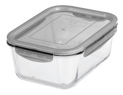Rechteckige Glasaufbewahrungsbox mit transparentem Deckel. Die Box hat zwei seitliche Verschlüsse.