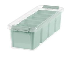 Transparente Aufbewahrungsbox mit grünem Deckel. Die Box hat mehrere Fächer.
