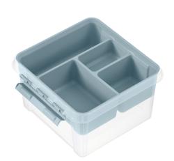 Transparente Aufbewahrungsbox mit grauem Deckel. Unterteilt in mehrere Fächer.
