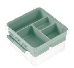Quadratische Aufbewahrungsbox in transparentem Design mit grünem Deckel. Sie hat mehrere Fächer zur Organisation.