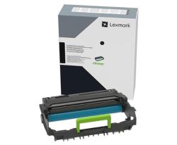 Lexmark Tonerkartusche in grauer Verpackung. Die Kartusche hat einen grünen Griff und eine blaue Rolle. Verpackung mit technischen Informationen.